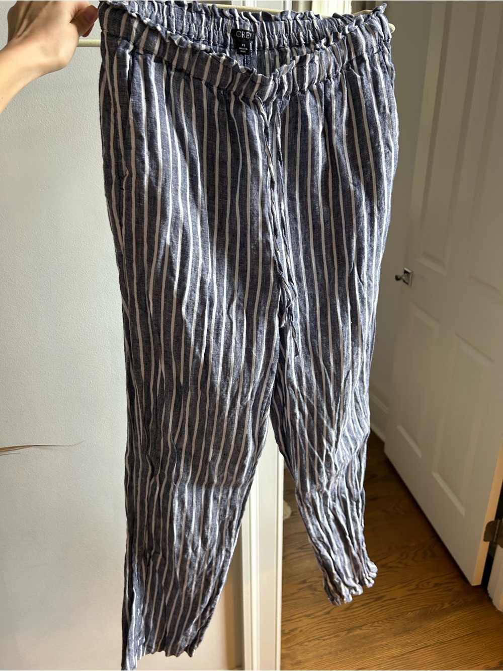 J. Crew Navy and White Striped Linen-Blend Drawstring Soleil Pant